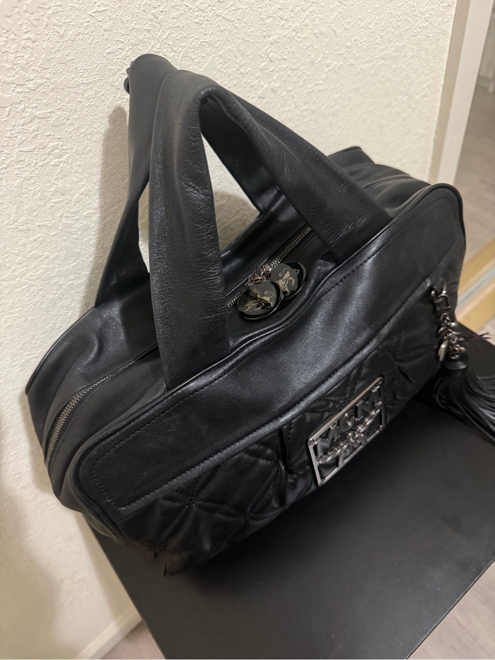MCM Black Quilted Leather Tote with Tassel Charm - Picture 2 of 7